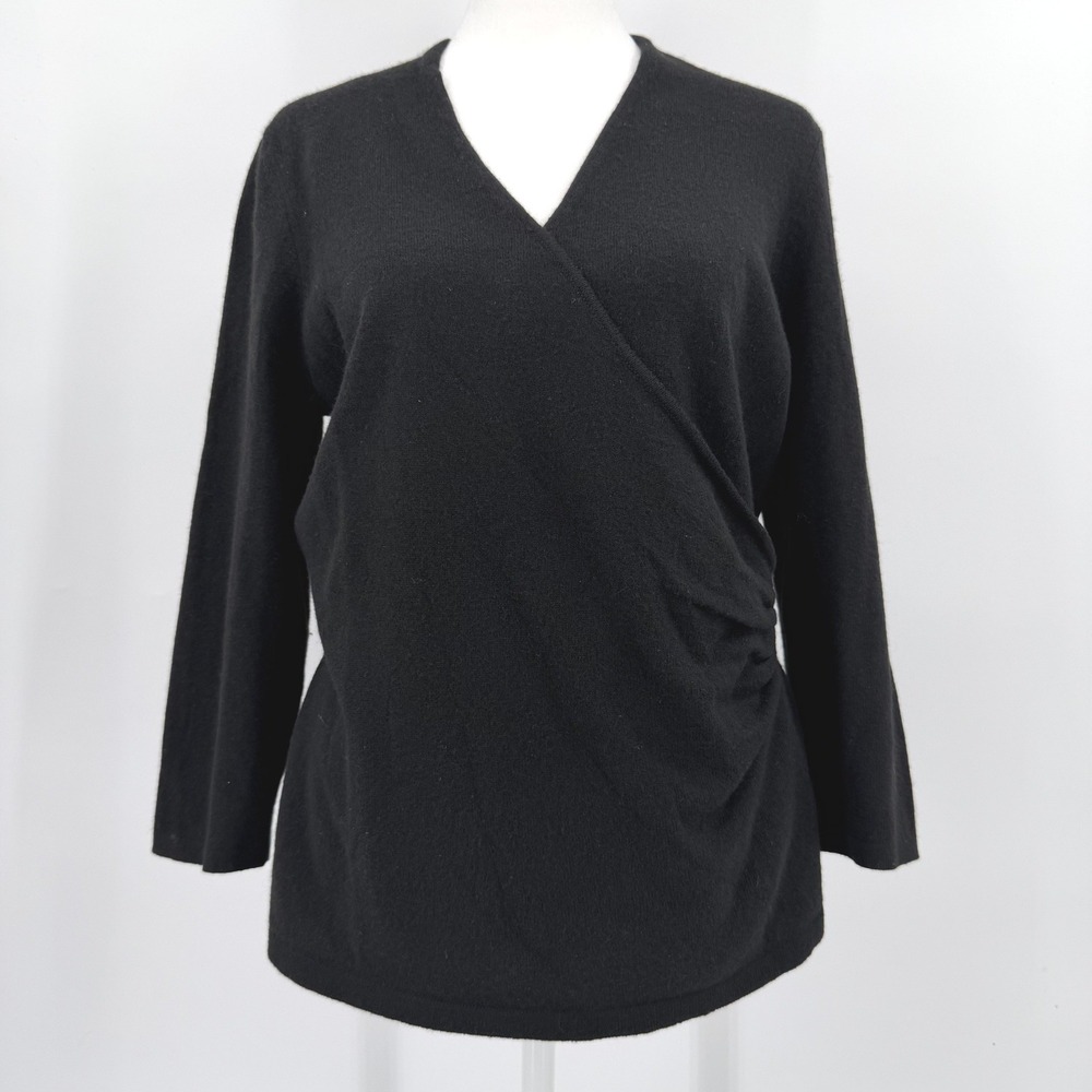 100% Cashmere Ann Taylor Black Faux Wrap Ruched Sweater Womens Large Luxury